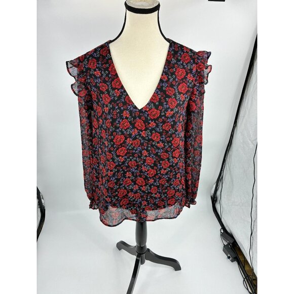 Banana Republic Womens Size M Black Red Floral V Neck Ruffle Sleeve Sheer Blouse - Picture 1 of 6